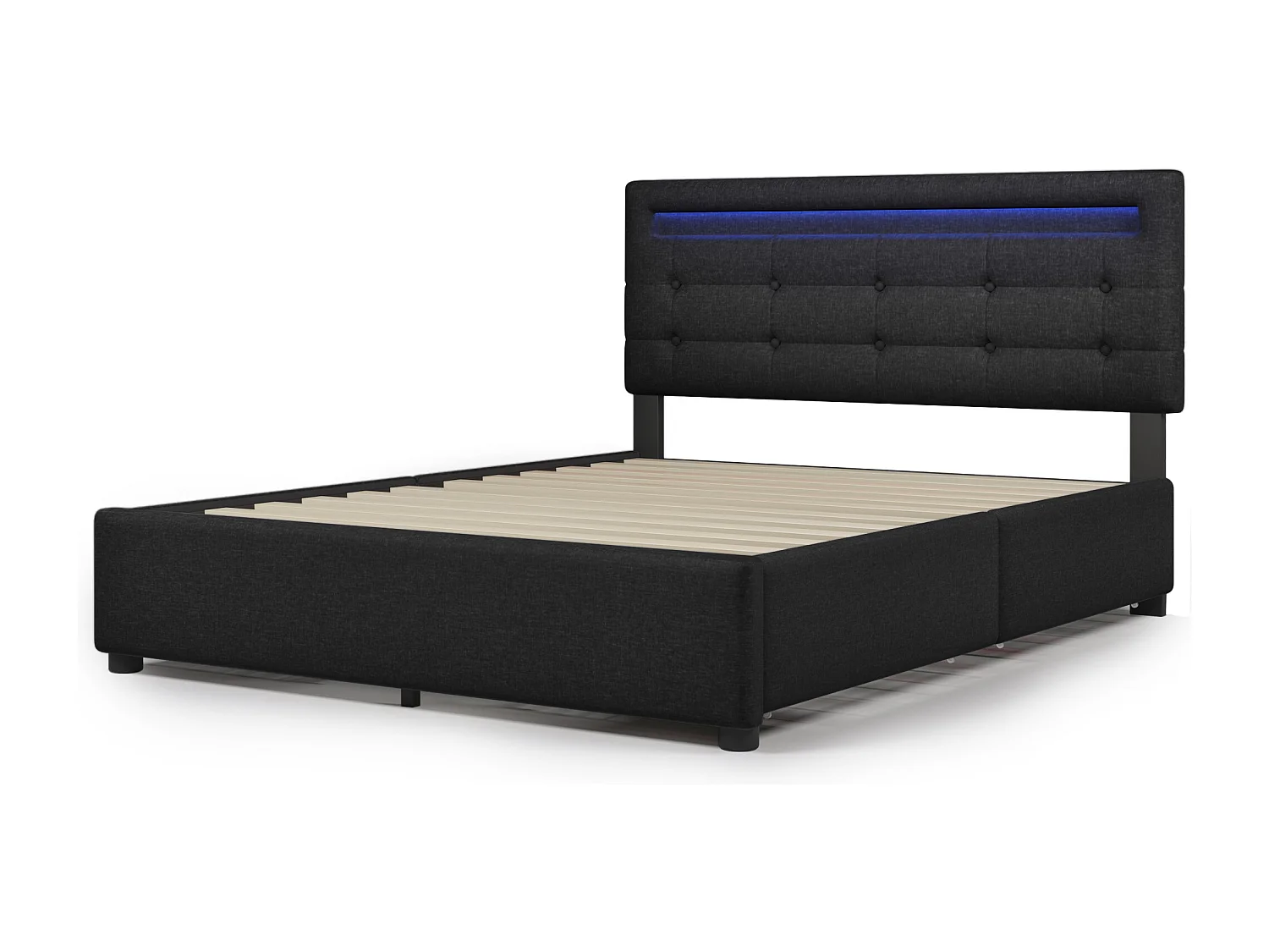 Lit adulte 140x200 cm - Lit double avec 4 tiroirs et tête de lit réglable - éclairage LED - lin noir