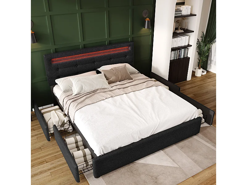 Volwassen bed 140x200 cm - Tweepersoonsbed met 4 lades en verstelbaar hoofdeinde - LED-verlichting - zwart linnen