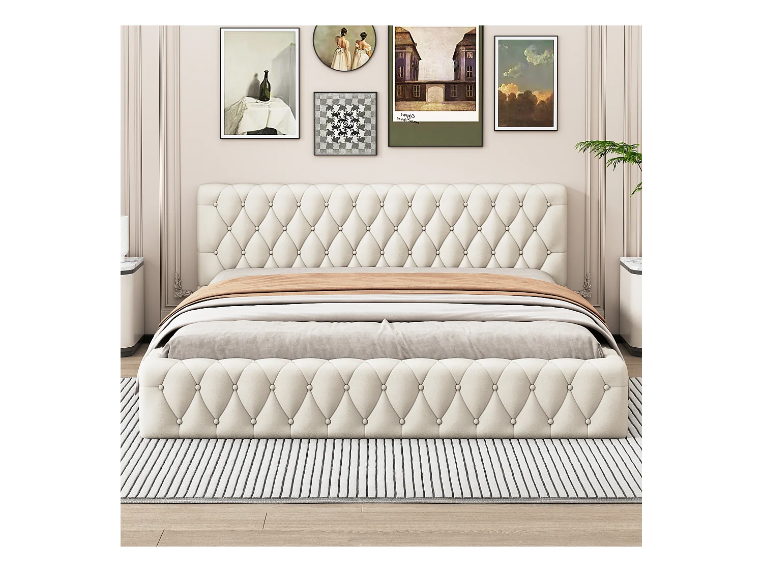 Lit adulte 140x200 cm - Lit double avec dossier capitonné et sommier à lattes - velours beige - sans matelas