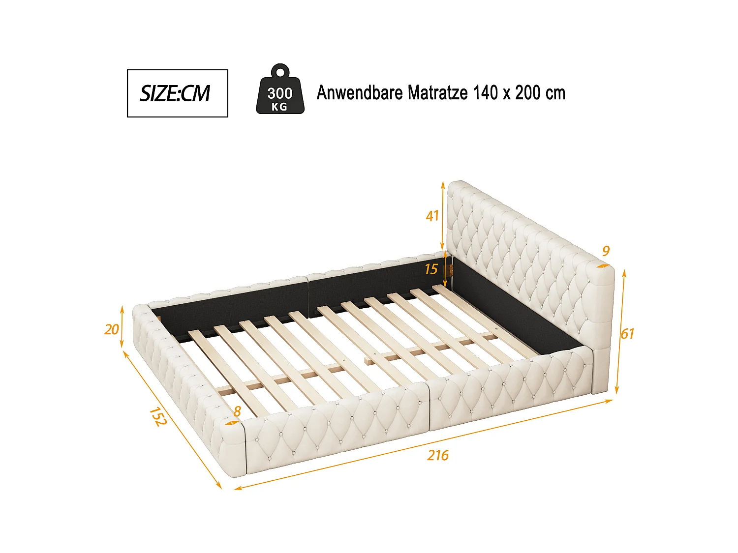 Lit adulte 140x200 cm - Lit double avec dossier capitonné et sommier à lattes - velours beige - sans matelas