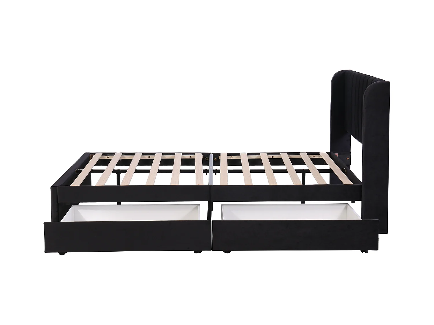 Lit adulte 160x200 cm - Lit double avec 2 tiroirs et sommier à lattes - velours noir - sans matelas
