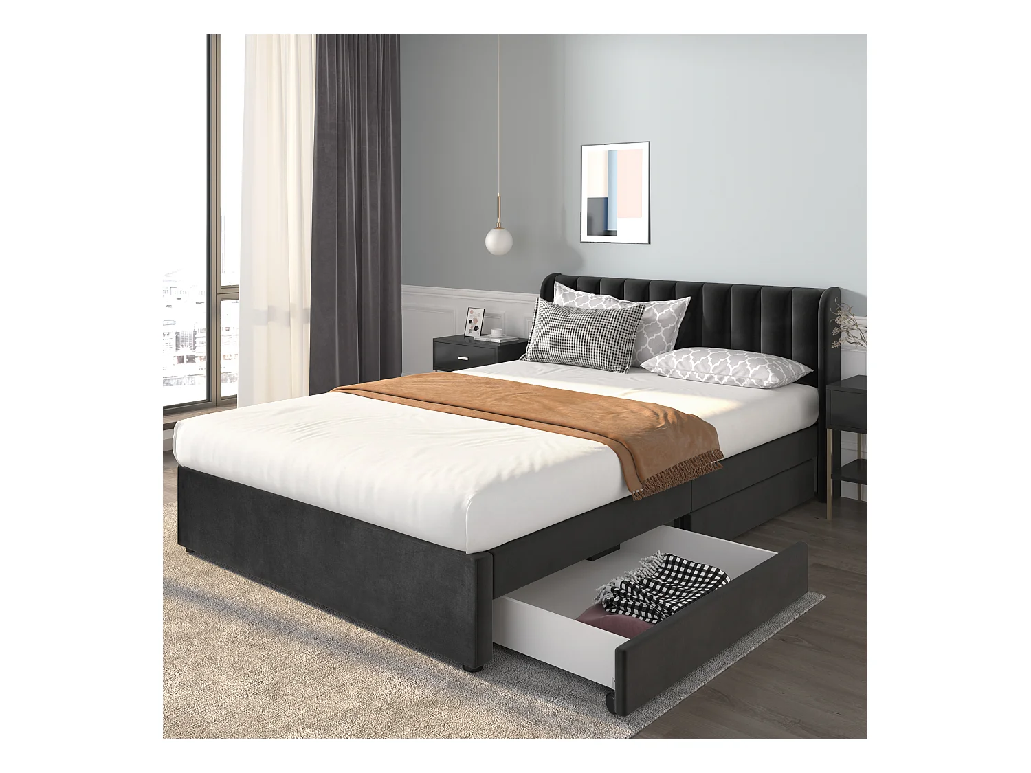 Lit adulte 160x200 cm - Lit double avec 2 tiroirs et sommier à lattes - velours noir - sans matelas
