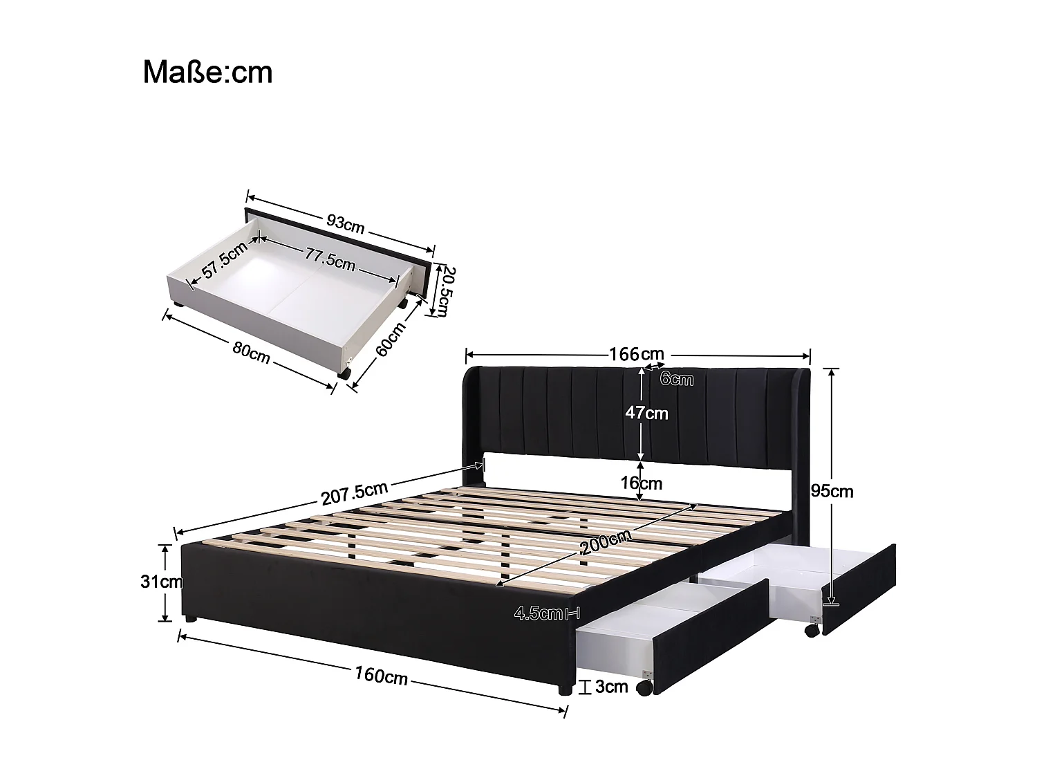 Letto imbottito 160x200 cm - Letto matrimoniale con 2 cassetti e rete a doghe - velluto nero - senza materasso