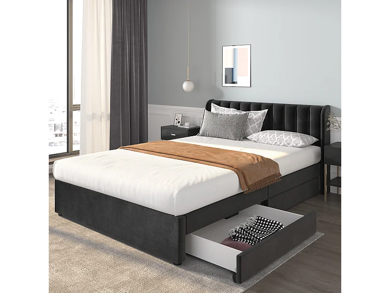 Letto imbottito 160x200 cm - Letto matrimoniale con 2 cassetti e rete a doghe - velluto nero - senza materasso