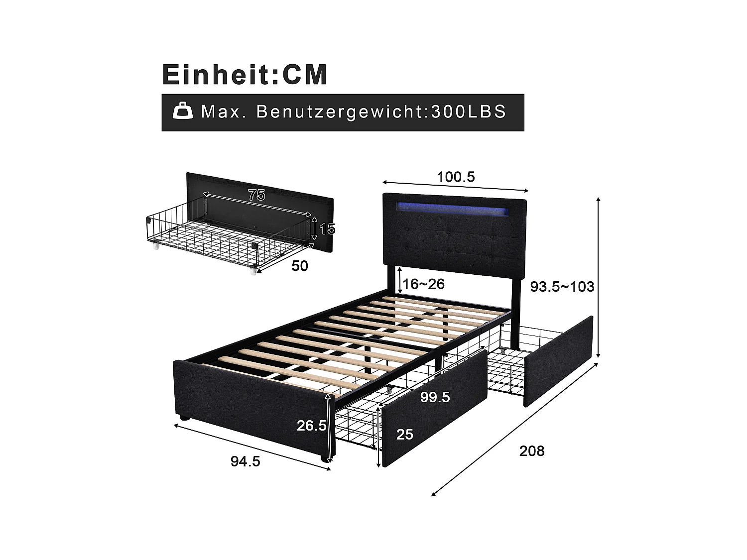 Lit enfant 90x200 cm - Lit ado avec 2 tiroirs et tête de lit réglable - éclairage LED - lin noir