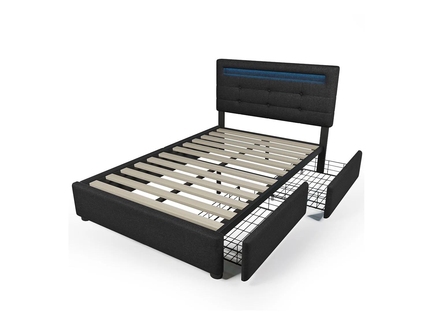 Lit enfant 90x200 cm - Lit ado avec 2 tiroirs et tête de lit réglable - éclairage LED - lin noir