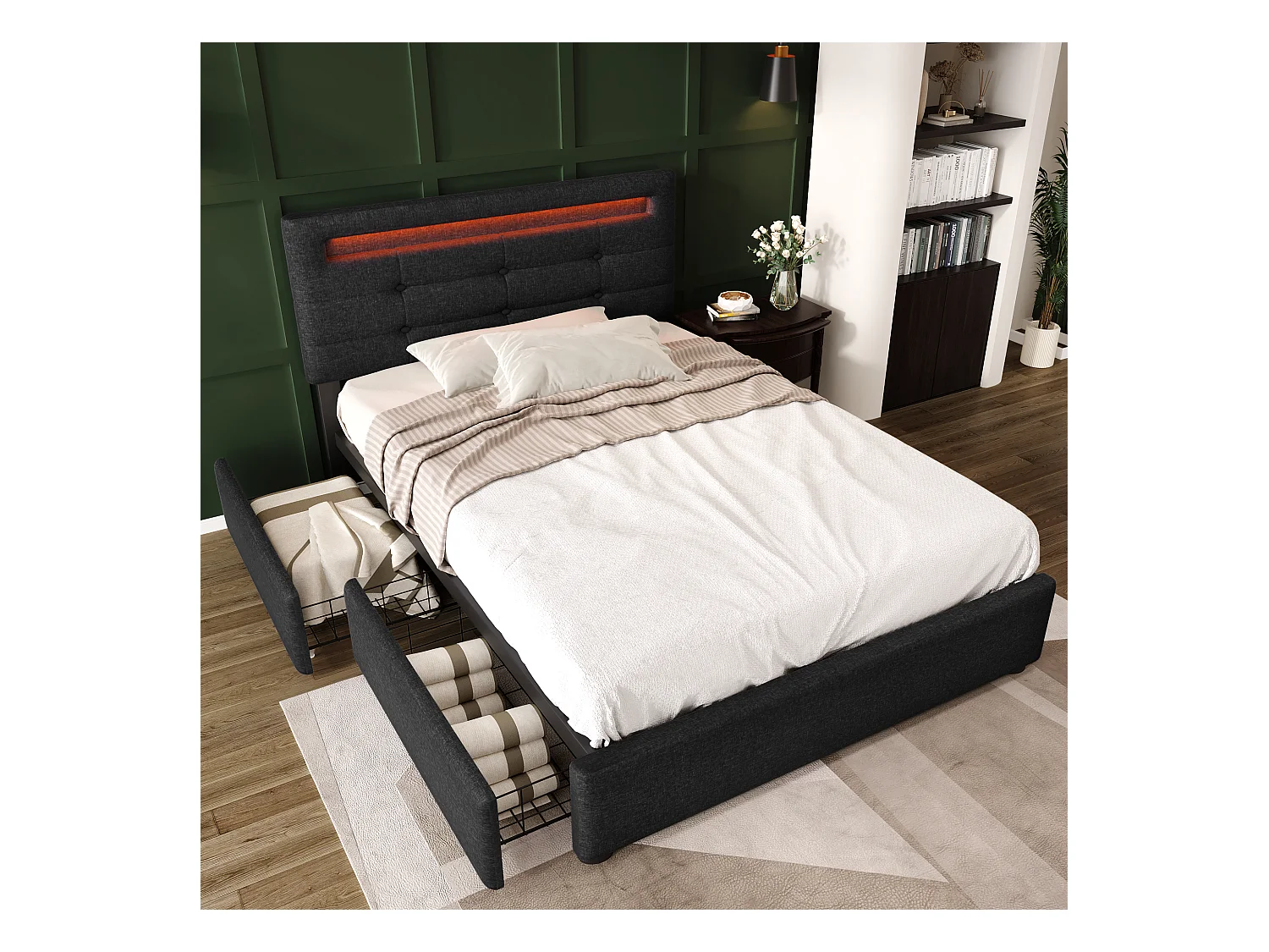 Lit enfant 90x200 cm - Lit ado avec 2 tiroirs et tête de lit réglable - éclairage LED - lin noir