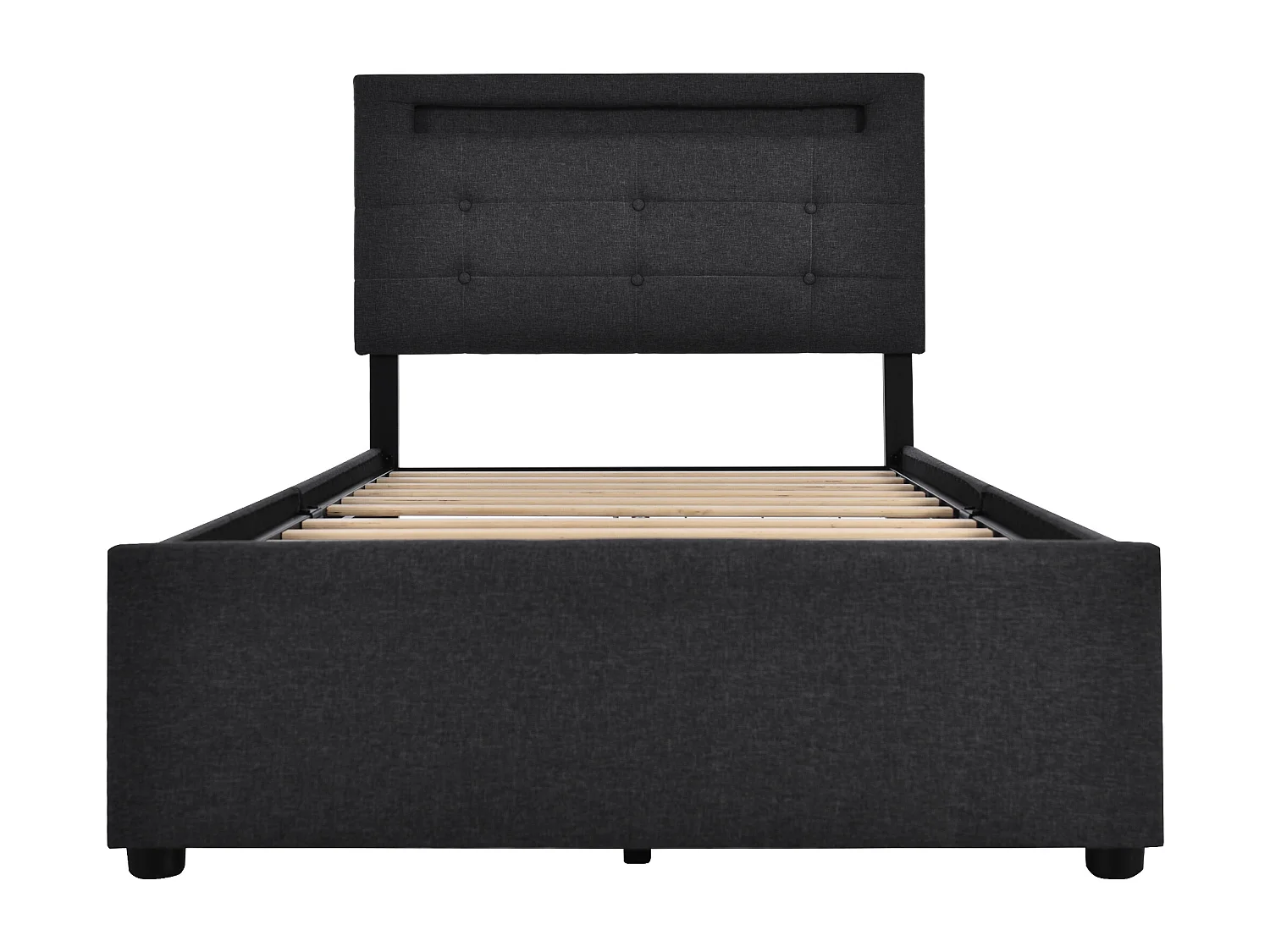 Lit enfant 90x200 cm - Lit ado avec 2 tiroirs et tête de lit réglable - éclairage LED - lin noir