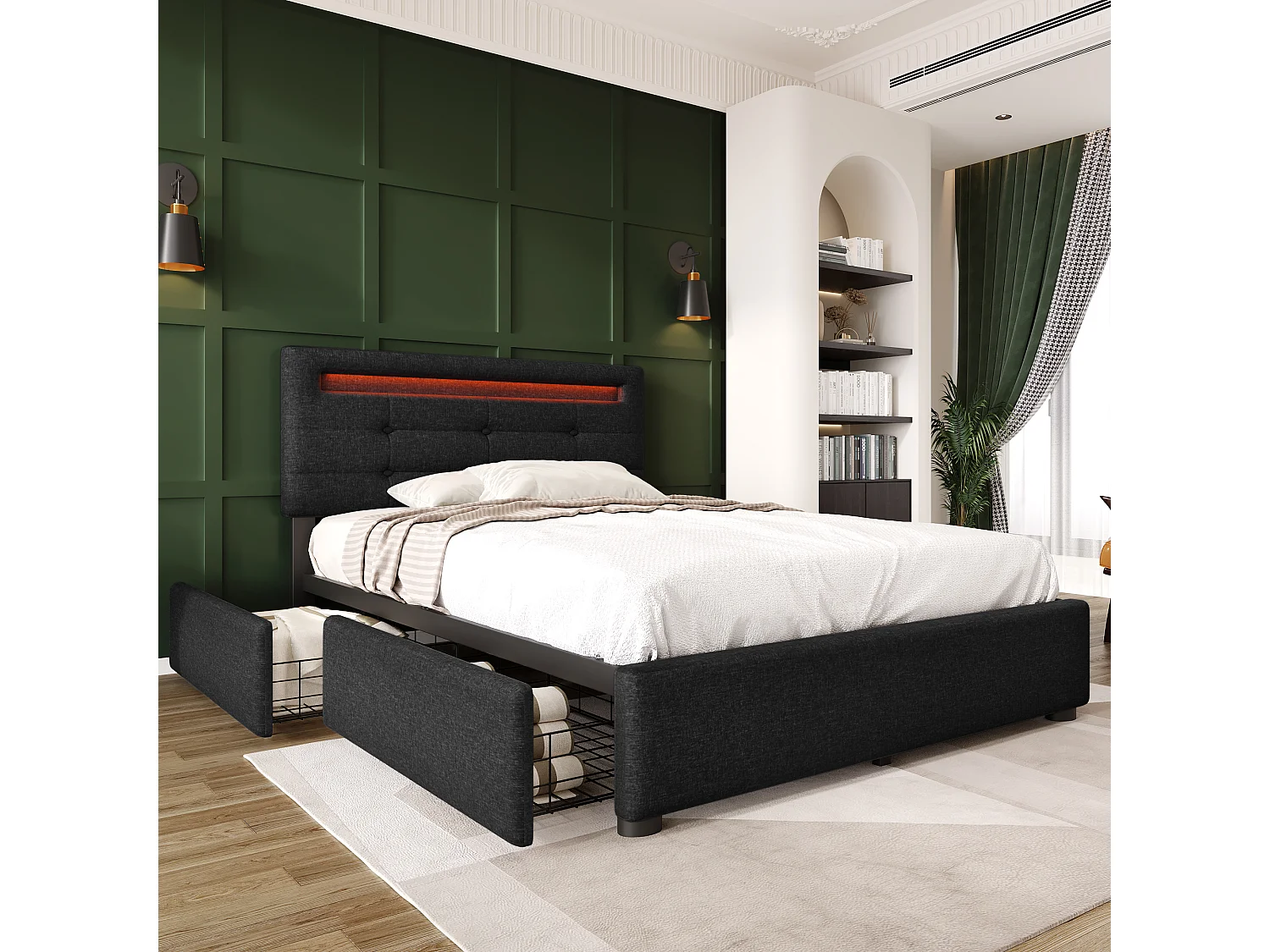 Lit enfant 90x200 cm - Lit ado avec 2 tiroirs et tête de lit réglable - éclairage LED - lin noir