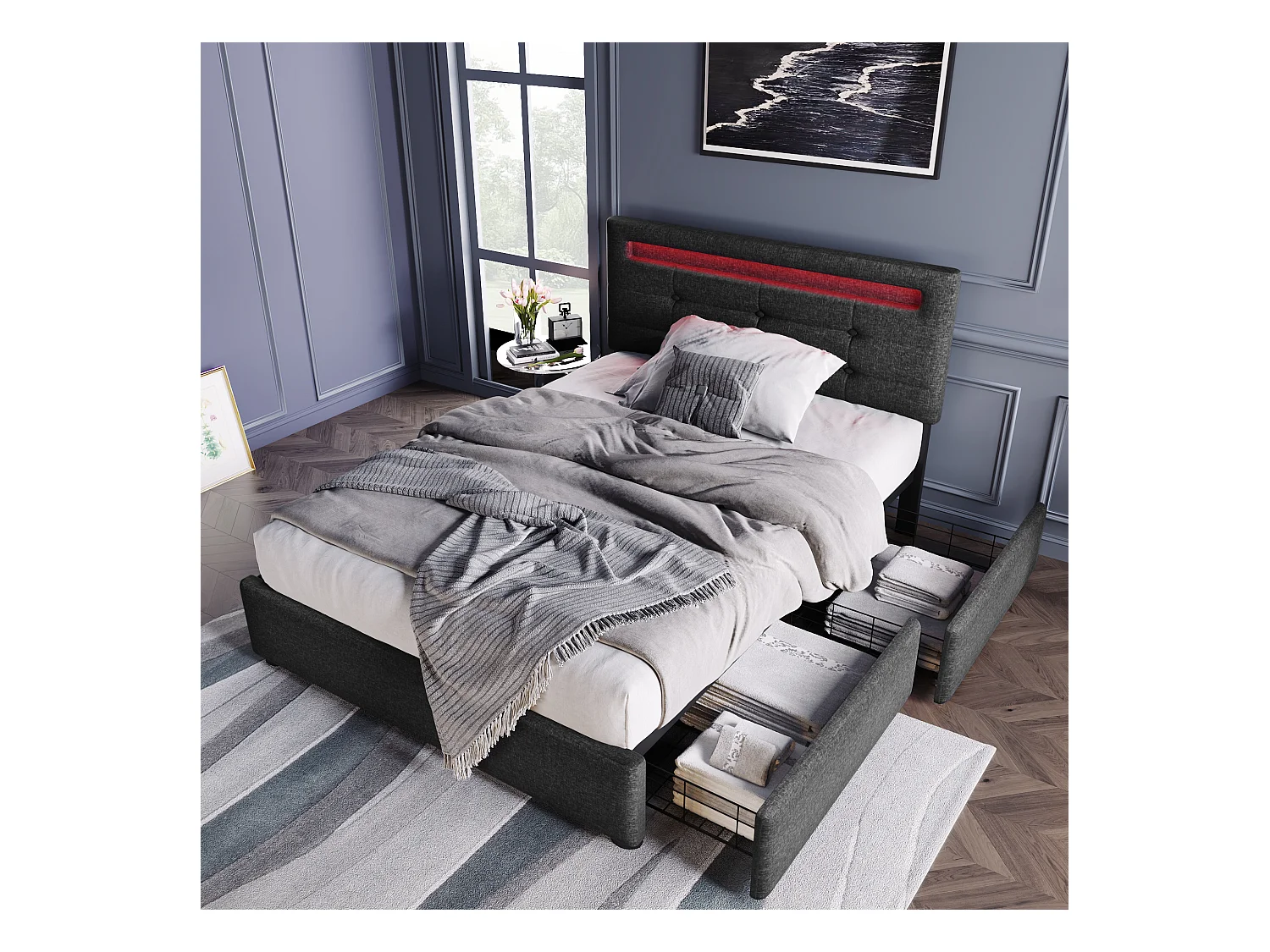 Lit enfant 90x200 cm - Lit ado avec 2 tiroirs et tête de lit réglable - éclairage LED - lin gris