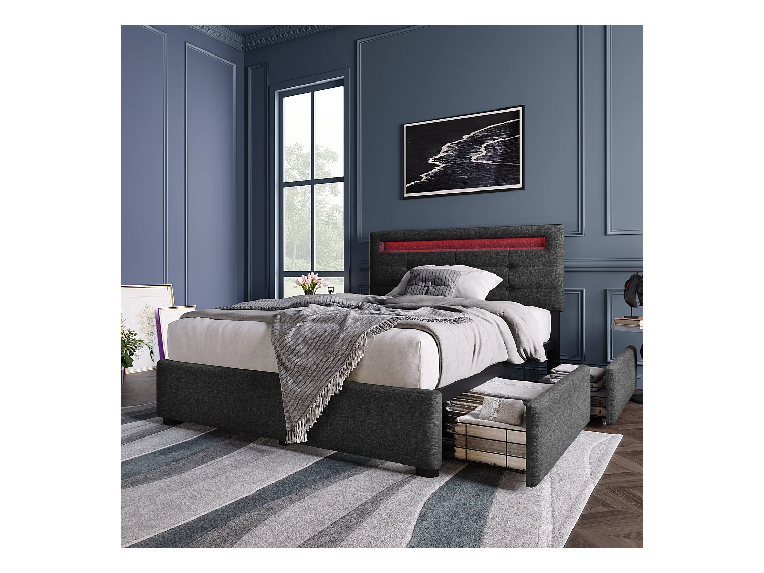 Lit enfant 90x200 cm - Lit ado avec 2 tiroirs et tête de lit réglable - éclairage LED - lin gris