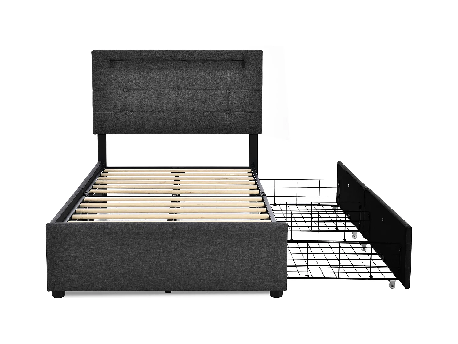 Lit enfant 90x200 cm - Lit ado avec 2 tiroirs et tête de lit réglable - éclairage LED - lin gris