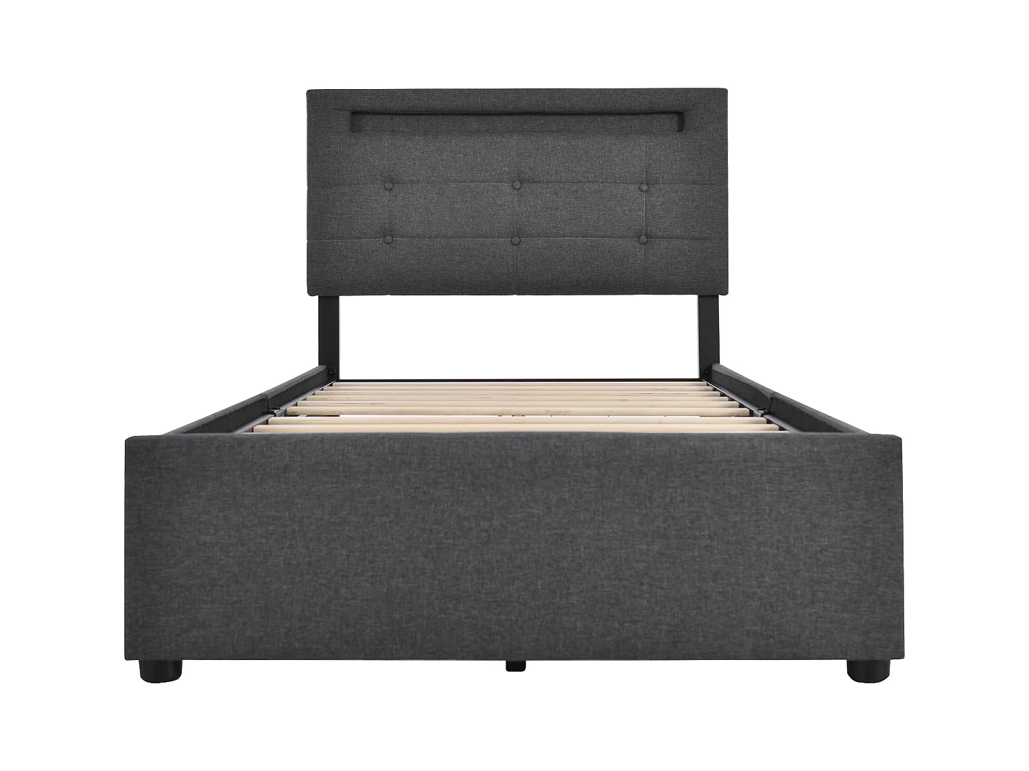 Lit enfant 90x200 cm - Lit ado avec 2 tiroirs et tête de lit réglable - éclairage LED - lin gris