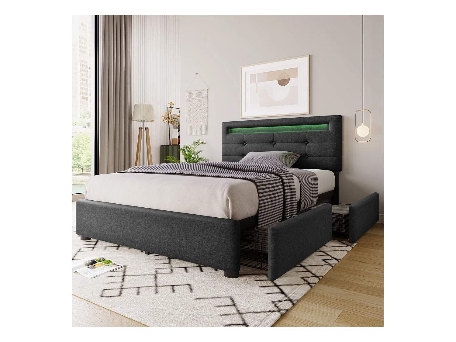Lit enfant 90x200 cm - Lit ado avec 2 tiroirs et tête de lit réglable - éclairage LED - lin gris