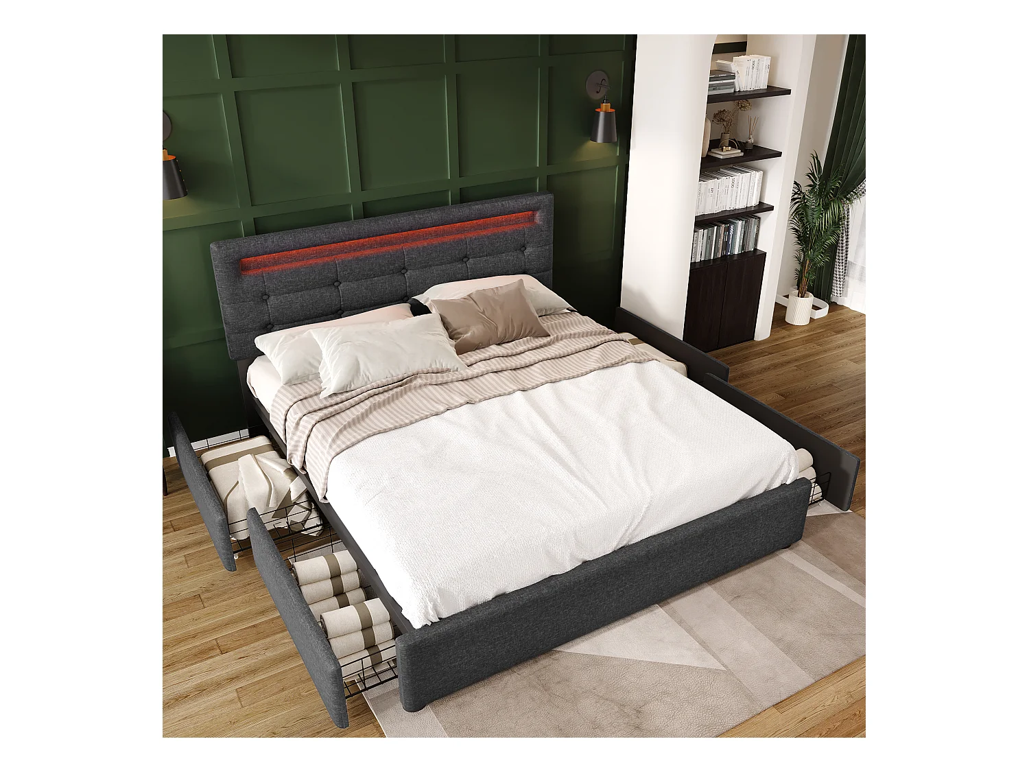 Lit adulte 140x200 cm - Lit double avec 4 tiroirs et tête de lit réglable - éclairage LED - lin gris