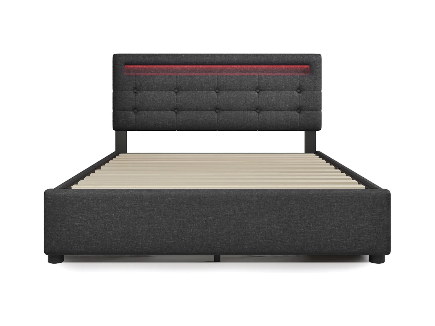 Lit adulte 140x200 cm - Lit double avec 4 tiroirs et tête de lit réglable - éclairage LED - lin gris