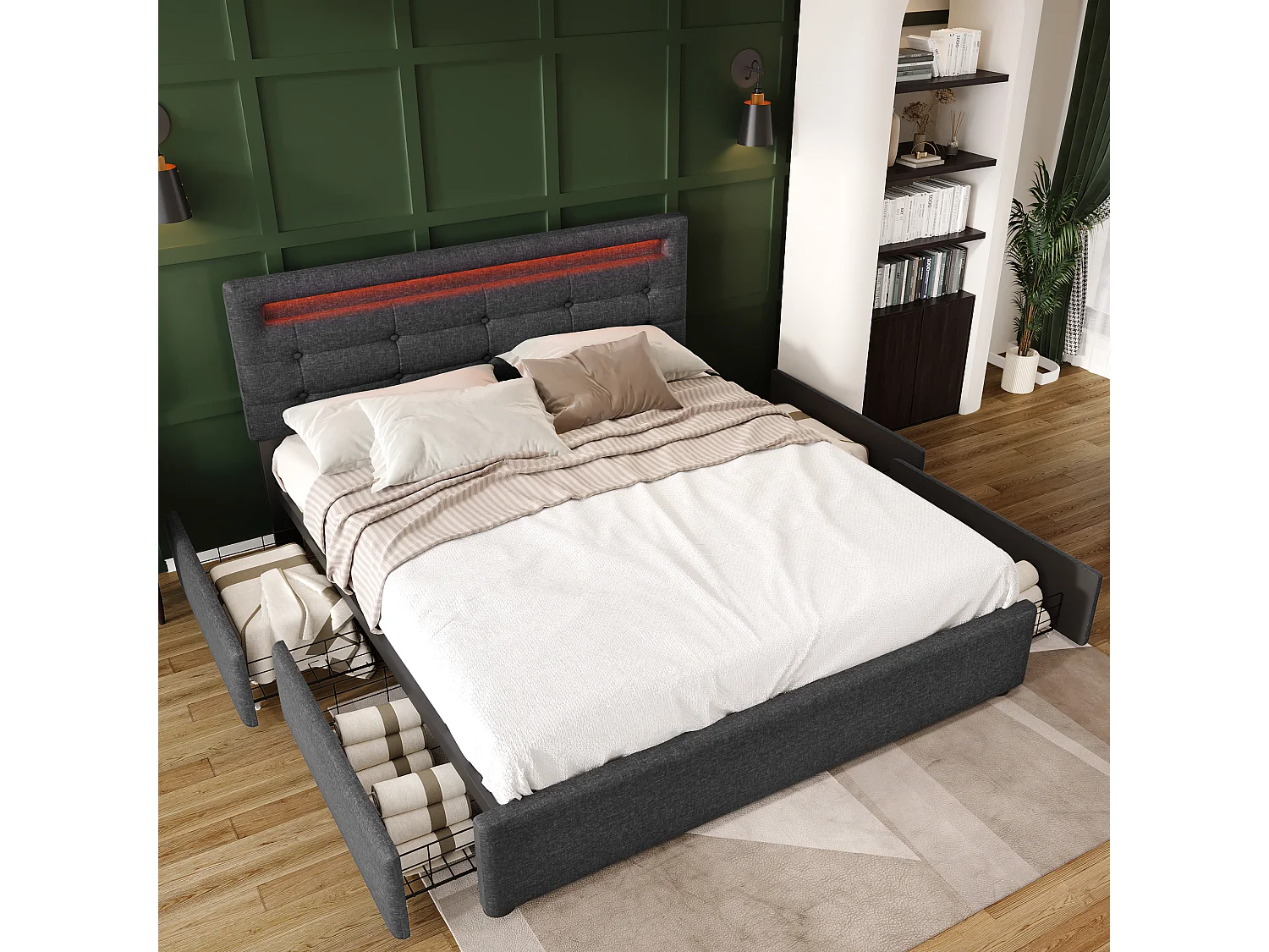 Cama tapizada 140x200 cm - Cama adulto con 4 cajones y cabecero regulable - Iluminación LED - Lino gris