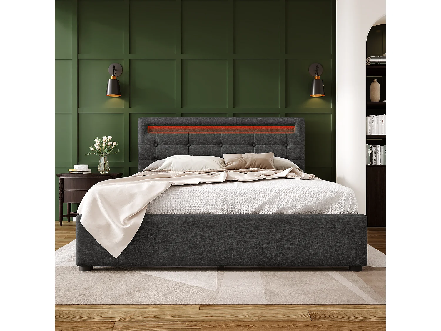 Cama tapizada 140x200 cm - Cama adulto con 4 cajones y cabecero regulable - Iluminación LED - Lino gris