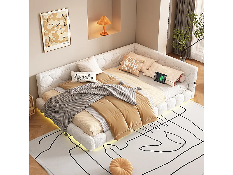 Volwassen bed 140x200 cm - Tweepersoonsbed met LED-verlichting en USB-oplader - lattenbodem - wit pluche