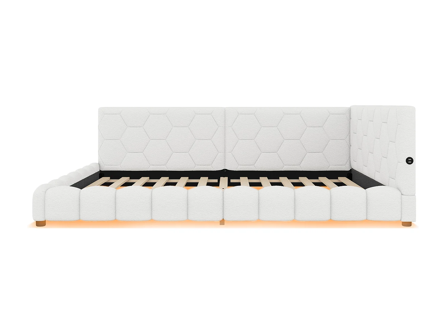 Lit adulte 140x200 cm - Lit double avec éclairage LED et recharge USB - sommier à lattes - peluche blanc