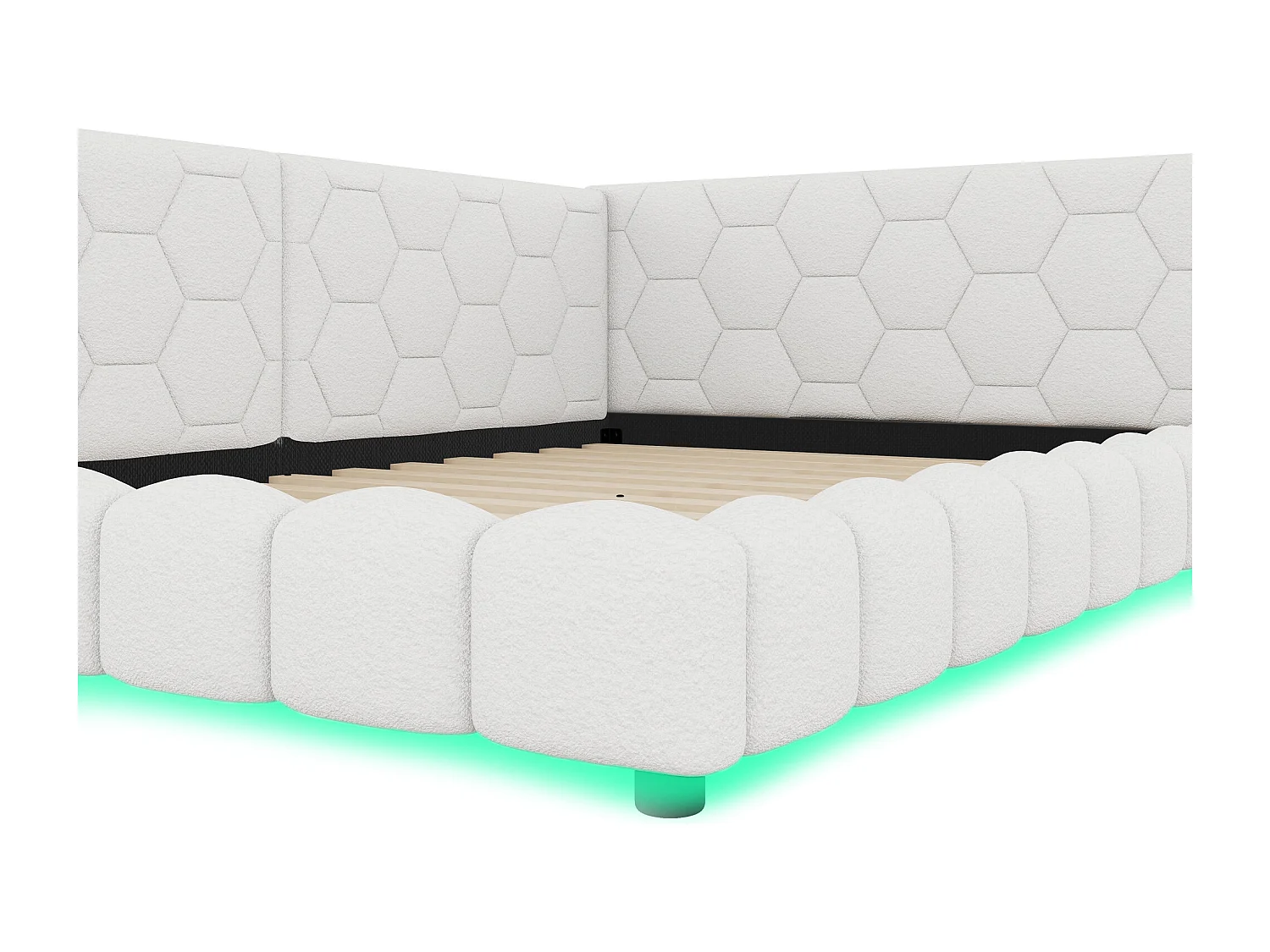 Lit adulte 140x200 cm - Lit double avec éclairage LED et recharge USB - sommier à lattes - peluche blanc