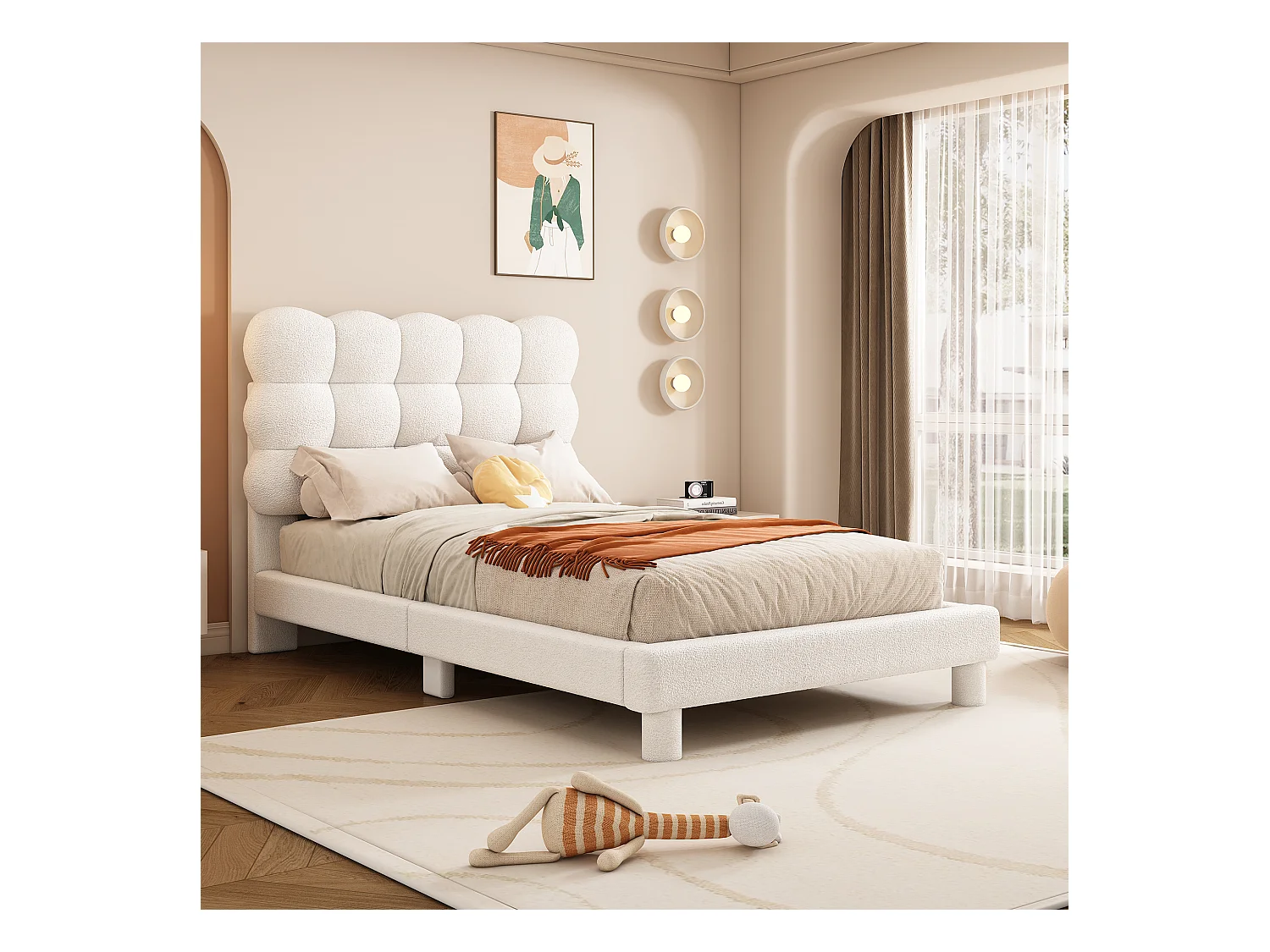 Lit enfant 90x200 cm - Lit simple avec tête de lit relevable - sommier à lattes bois - peluche blanc