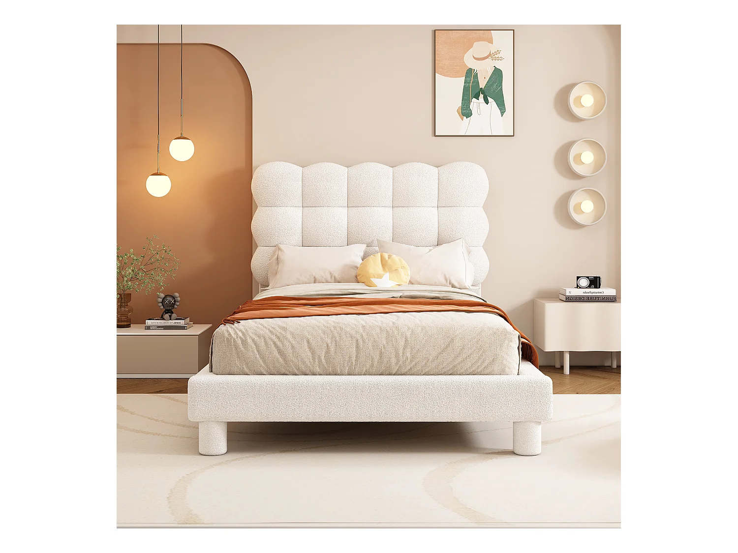 Lit enfant 90x200 cm - Lit simple avec tête de lit relevable - sommier à lattes bois - peluche blanc