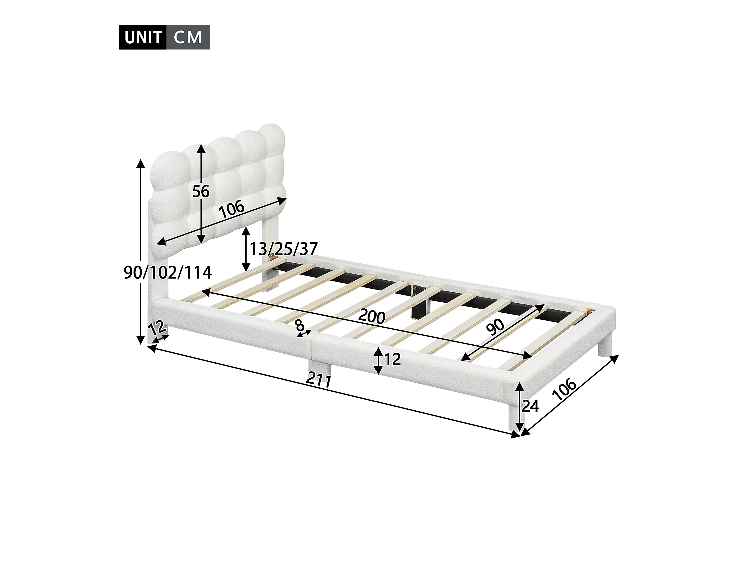 Lit enfant 90x200 cm - Lit simple avec tête de lit relevable - sommier à lattes bois - peluche blanc