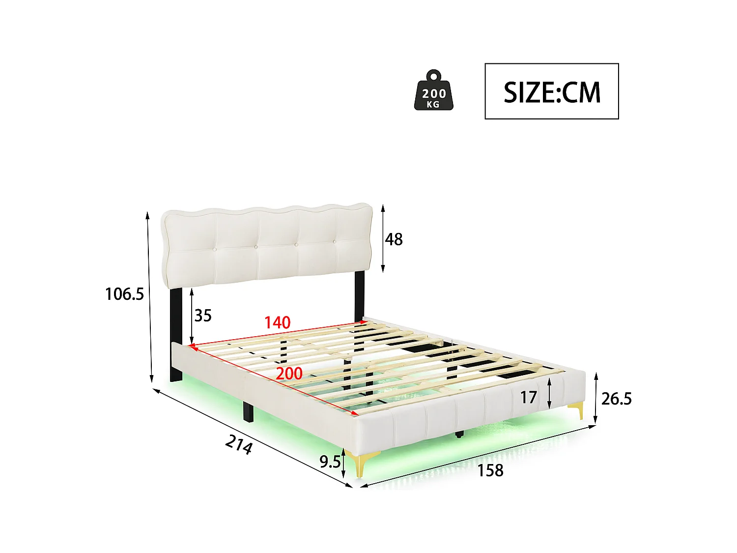 Lit adulte 140x200 cm - Lit double avec éclairage LED - pieds hauts en métal - velours beige