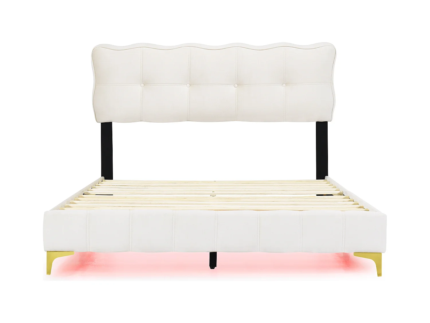 Lit adulte 140x200 cm - Lit double avec éclairage LED - pieds hauts en métal - velours beige