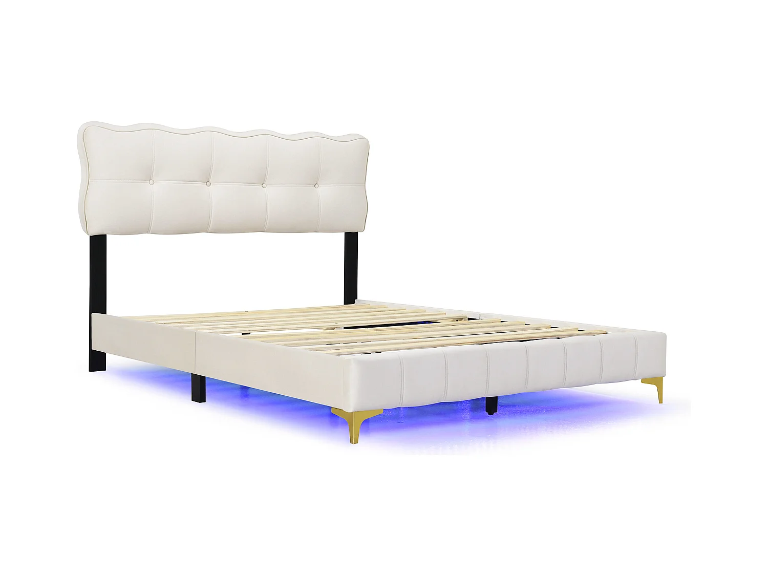 Lit adulte 140x200 cm - Lit double avec éclairage LED - pieds hauts en métal - velours beige