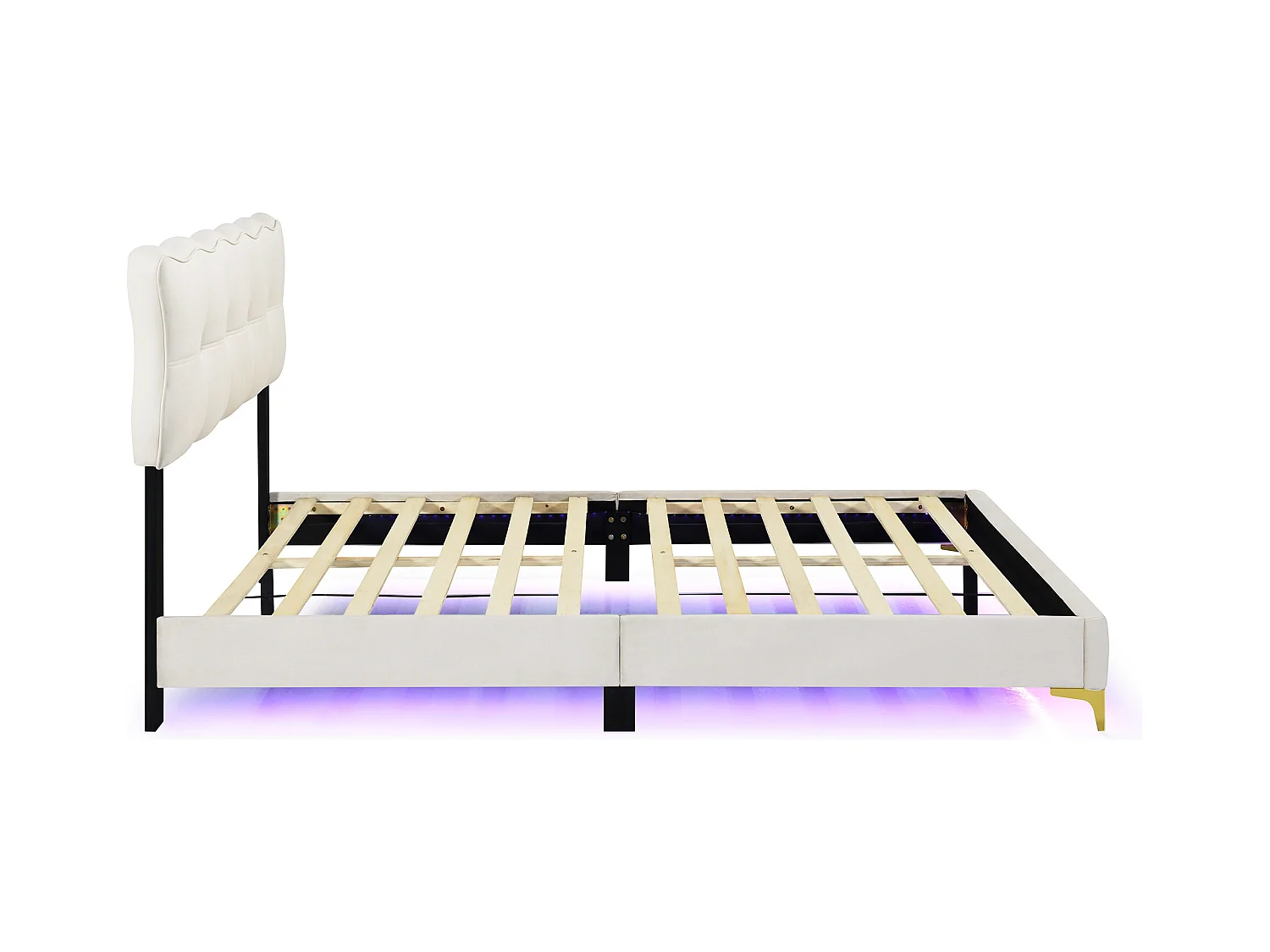 Lit adulte 140x200 cm - Lit double avec éclairage LED - pieds hauts en métal - velours beige