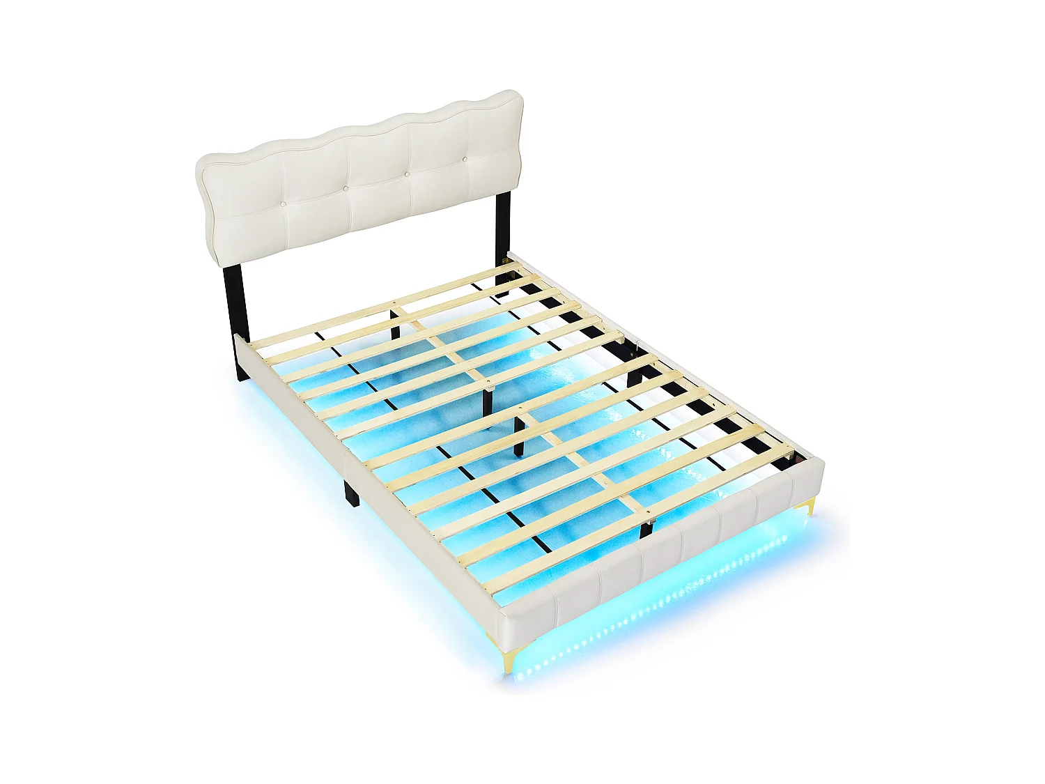 Lit adulte 140x200 cm - Lit double avec éclairage LED - pieds hauts en métal - velours beige