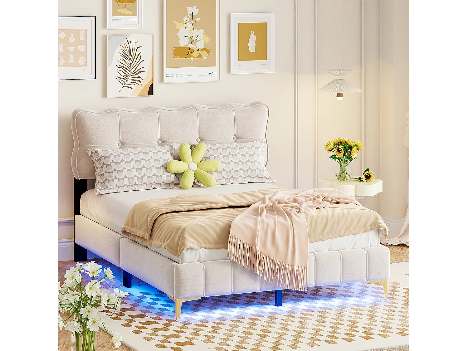 Lit adulte 140x200 cm - Lit double avec éclairage LED - pieds hauts en métal - velours beige