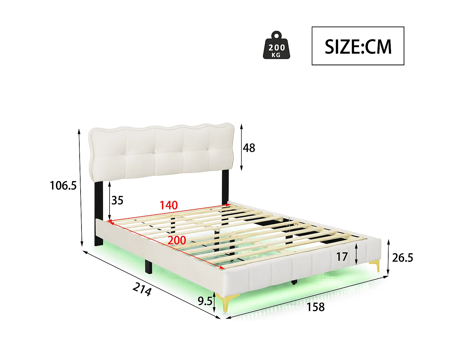 Lit adulte 140x200 cm - Lit double avec éclairage LED - pieds hauts en métal - velours beige