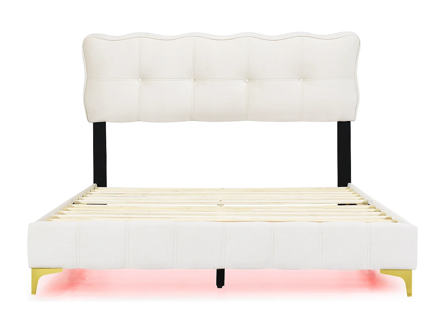 Lit adulte 140x200 cm - Lit double avec éclairage LED - pieds hauts en métal - velours beige