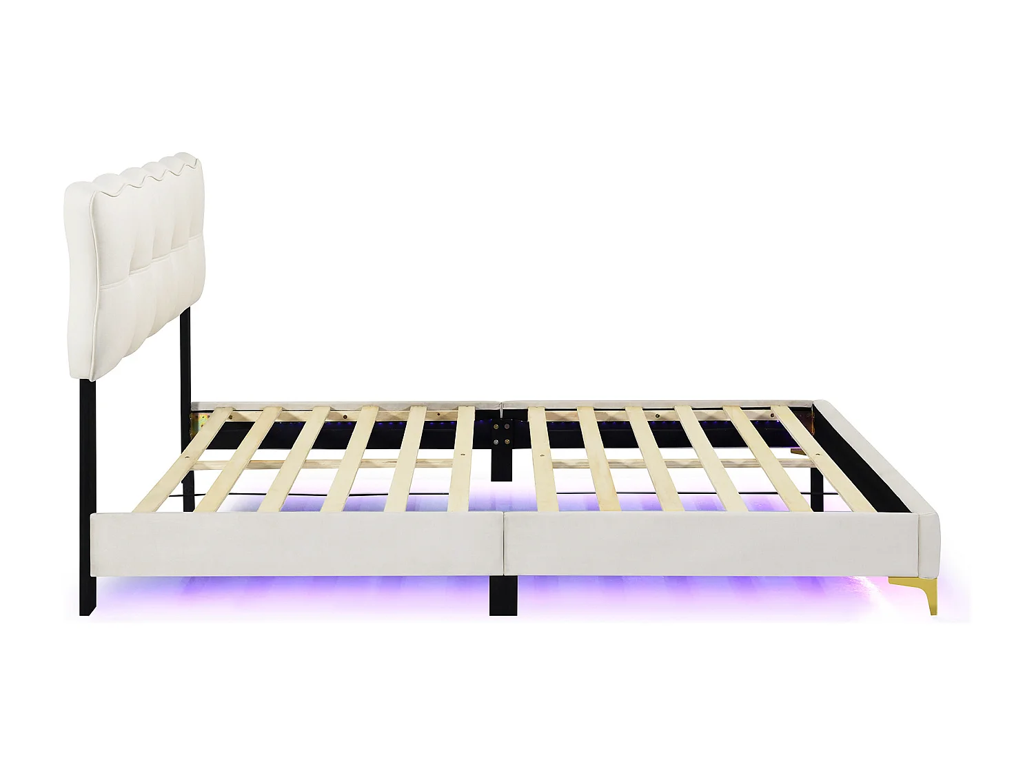 Lit adulte 140x200 cm - Lit double avec éclairage LED - pieds hauts en métal - velours beige
