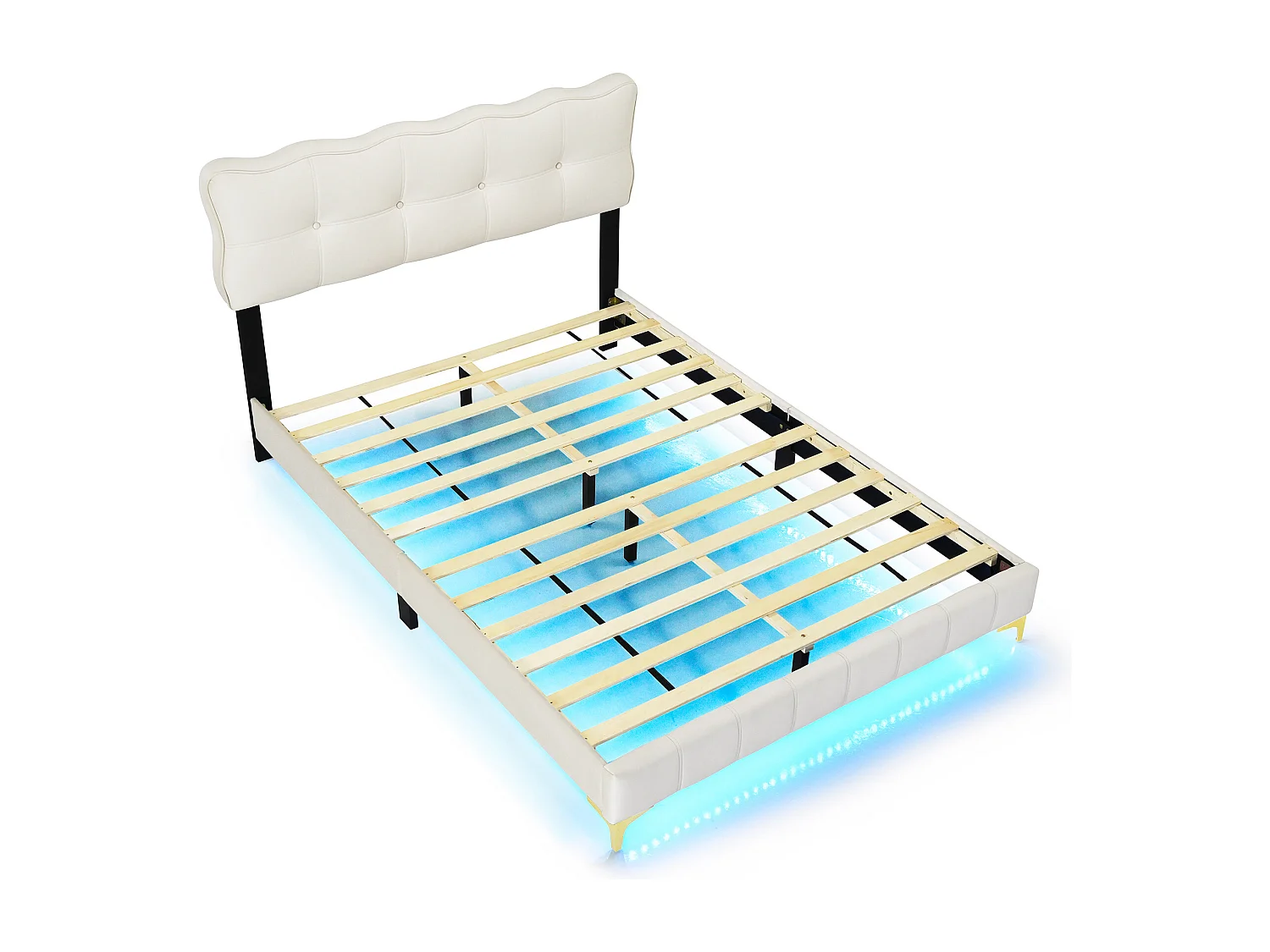 Lit adulte 140x200 cm - Lit double avec éclairage LED - pieds hauts en métal - velours beige