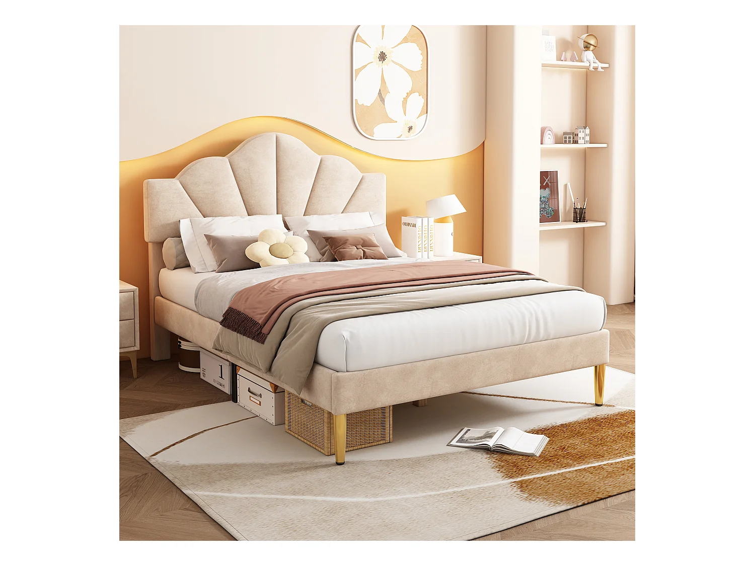 Lit adulte 140x200 cm - Lit double avec tête de lit réglable et sommier à lattes - velours beige