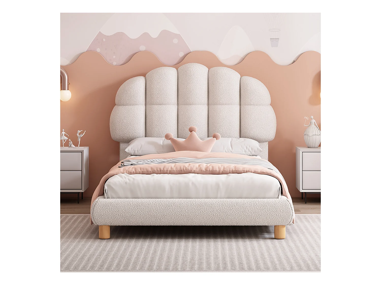 Cama tapizada 90x200 cm - Cama infantil con cabecero ajustable y somier de láminas - felpa blanca