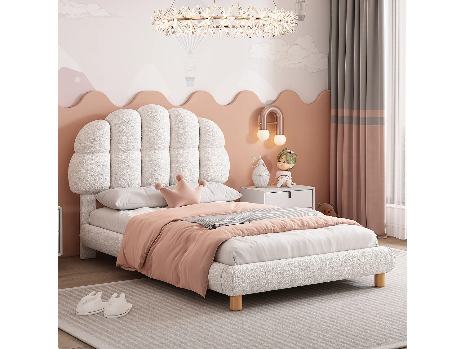 Cama tapizada 90x200 cm - Cama infantil con cabecero ajustable y somier de láminas - felpa blanca