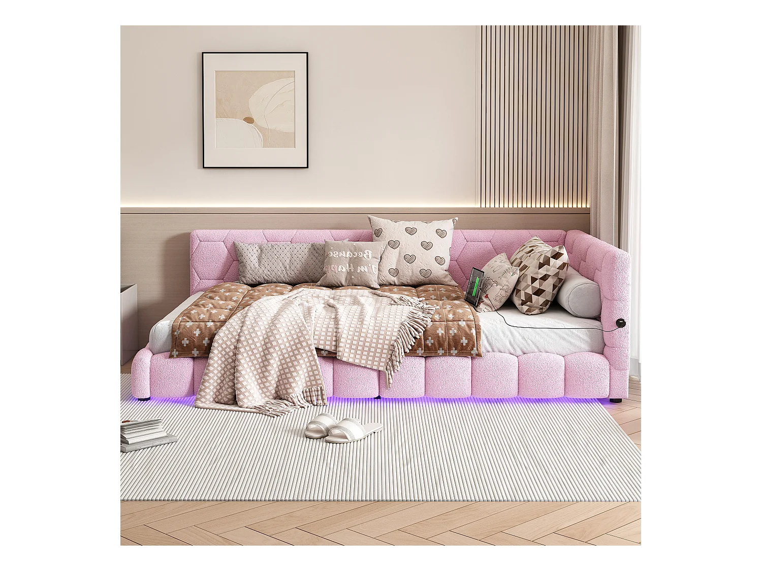 Lit enfant 90x200 cm - Lit ado avec éclairage LED et recharge USB - sommier à lattes - peluche rose