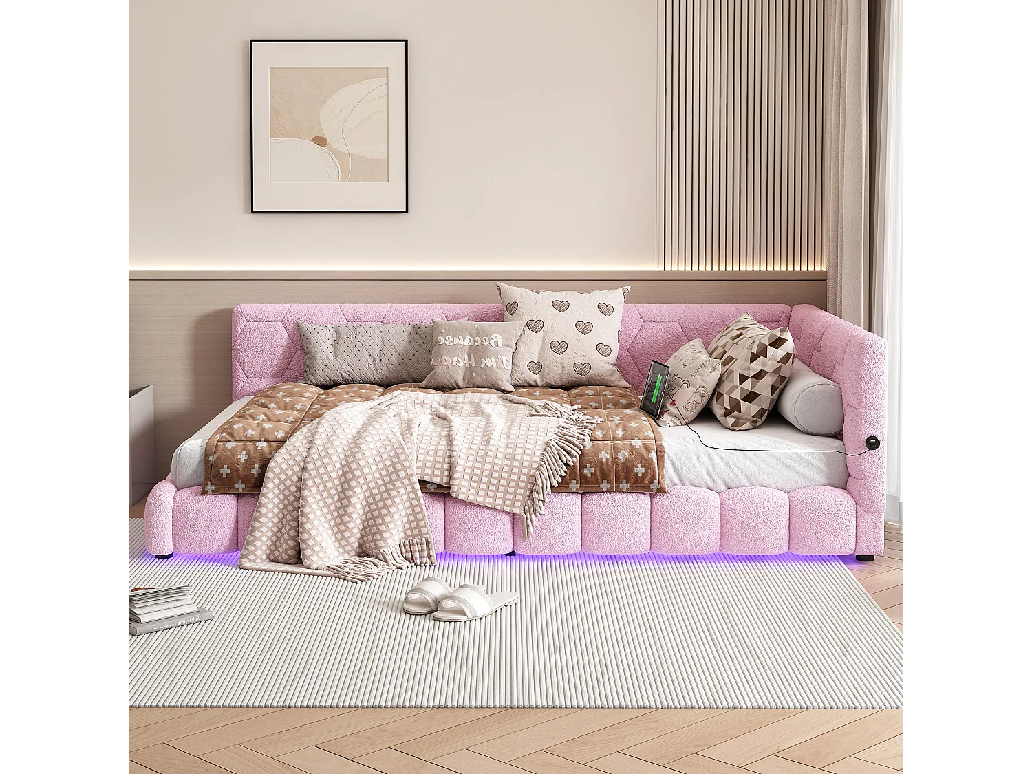 Kinderbed 90x200 cm - Tienerbed met LED-verlichting en USB-oplader - lattenbodem - roze pluche