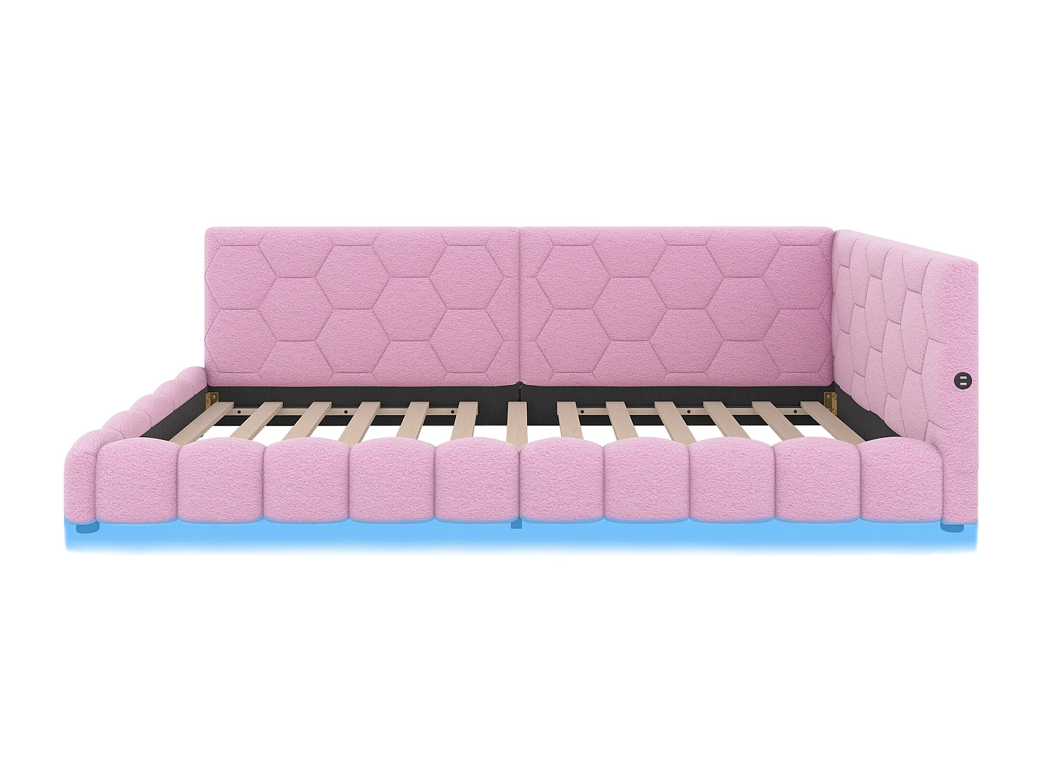 Kinderbed 90x200 cm - Tienerbed met LED-verlichting en USB-oplader - lattenbodem - roze pluche