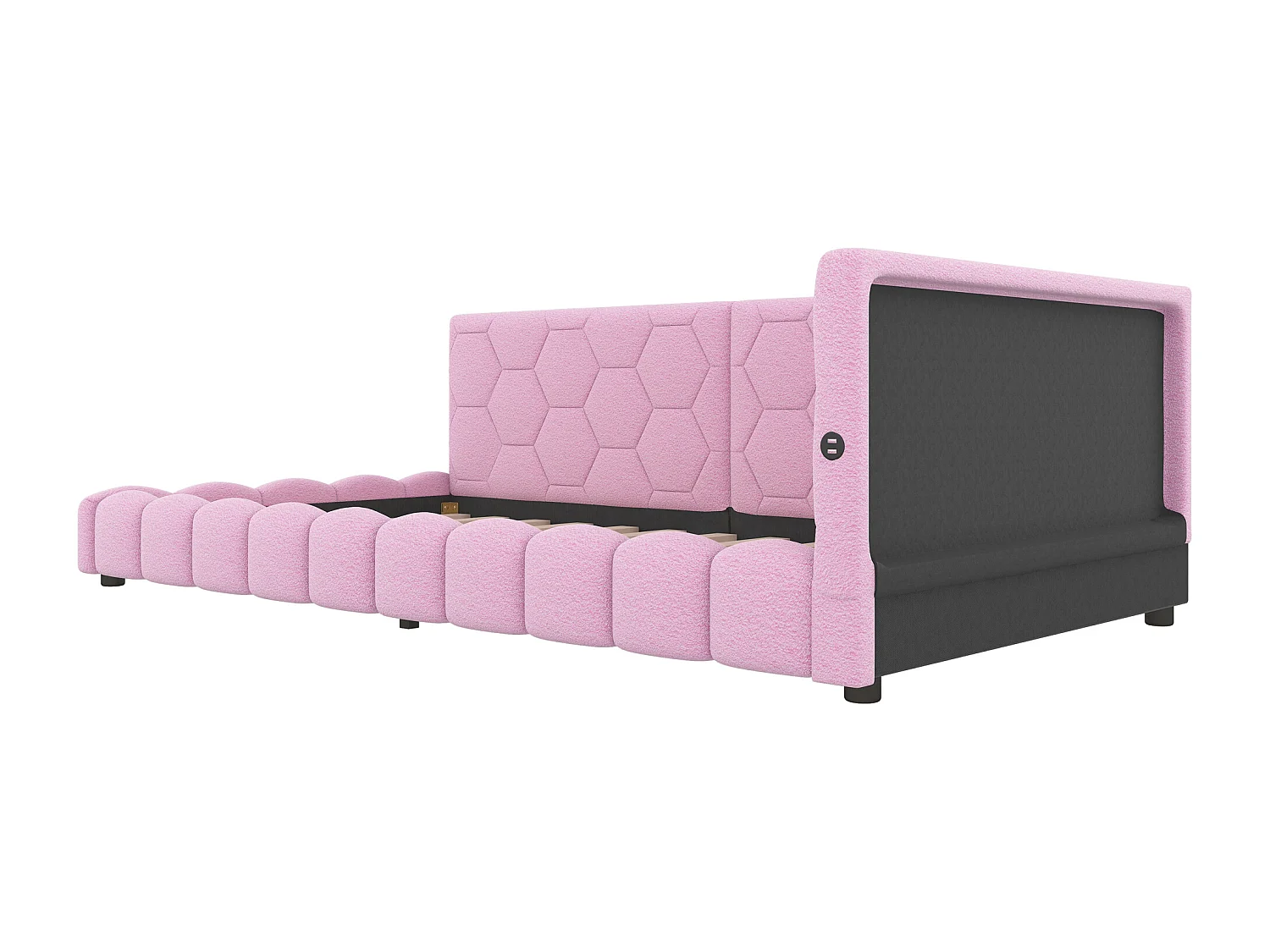 Kinderbed 90x200 cm - Tienerbed met LED-verlichting en USB-oplader - lattenbodem - roze pluche