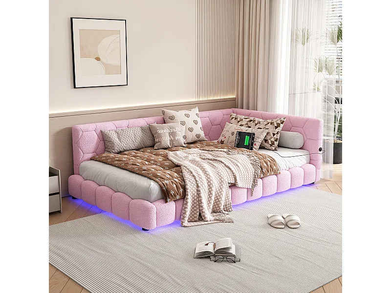Lit enfant 90x200 cm - Lit ado avec éclairage LED et recharge USB - sommier à lattes - peluche rose