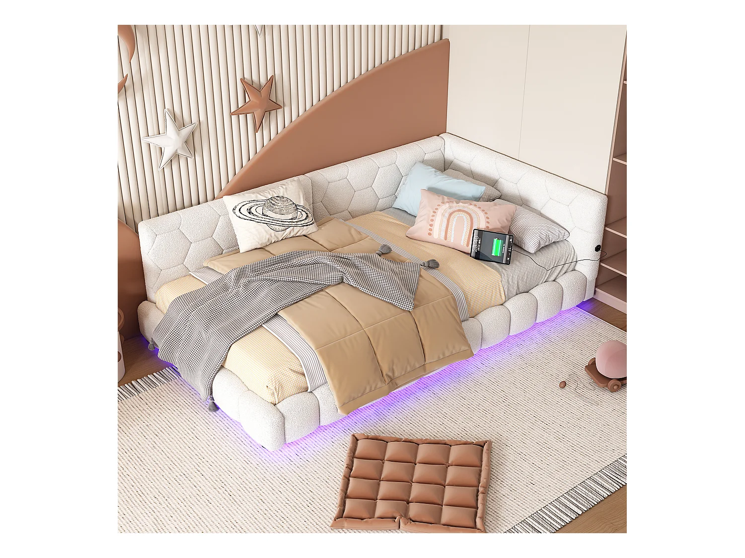 Lit enfant 90x200 cm - Lit ado avec éclairage LED et recharge USB - sommier à lattes - peluche blanc