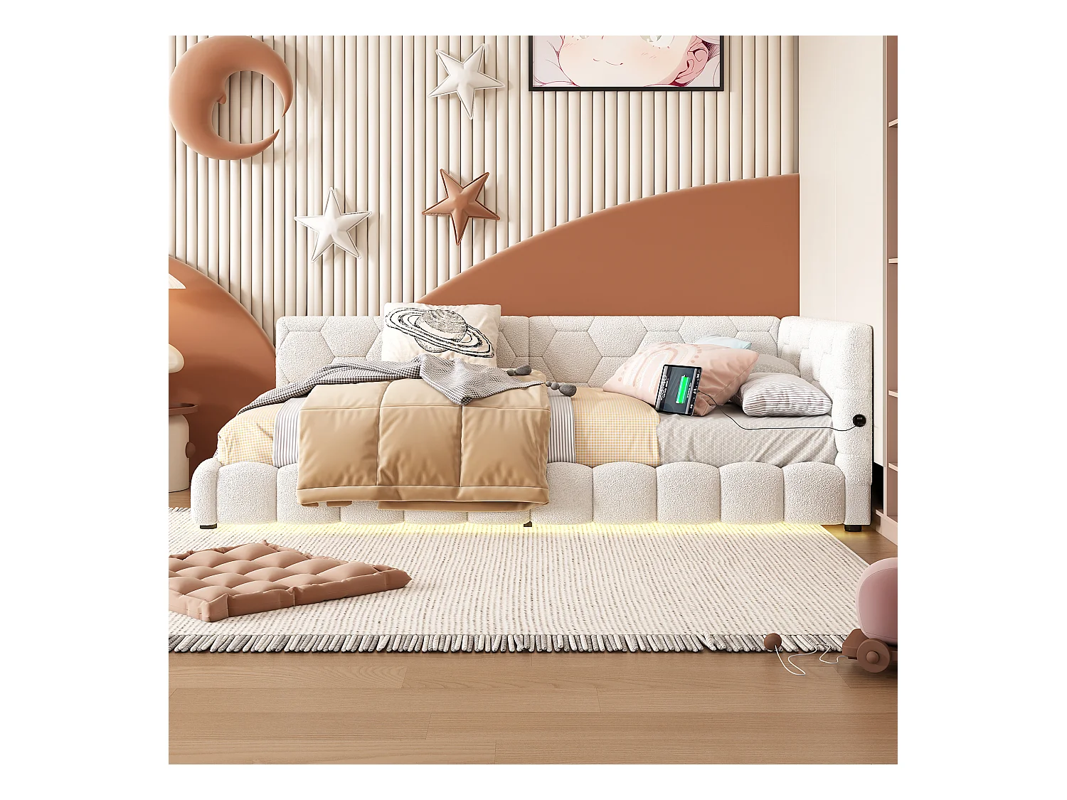 Lit enfant 90x200 cm - Lit ado avec éclairage LED et recharge USB - sommier à lattes - peluche blanc