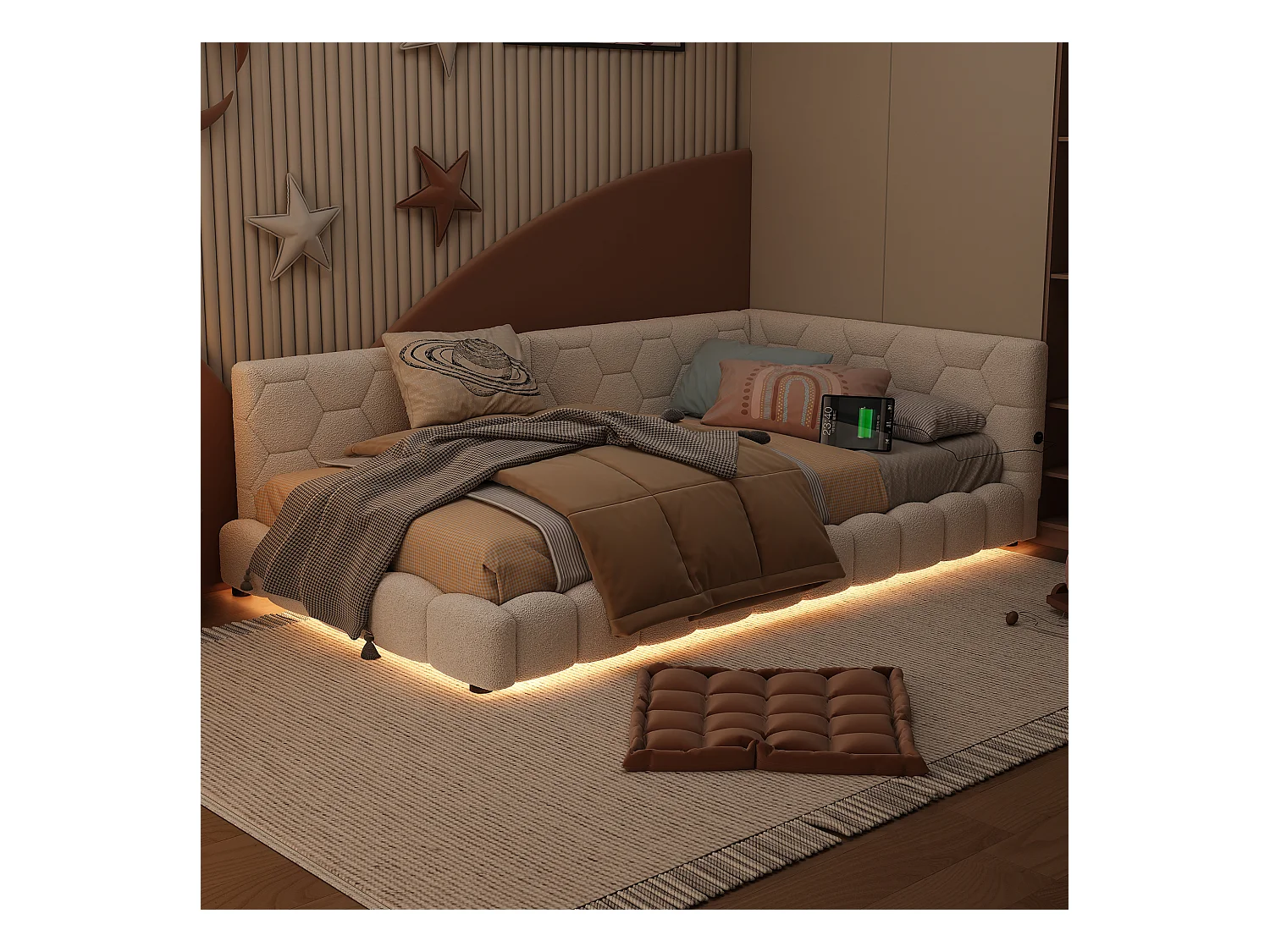 Lit enfant 90x200 cm - Lit ado avec éclairage LED et recharge USB - sommier à lattes - peluche blanc