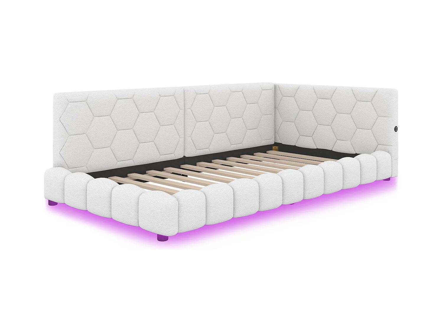 Lit enfant 90x200 cm - Lit ado avec éclairage LED et recharge USB - sommier à lattes - peluche blanc